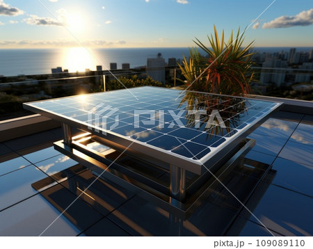 Modern solar panel on th roof with plants at morning, Solar panel on red roof reflecting sun and cloudless blue sky. Ai generative. 109089110