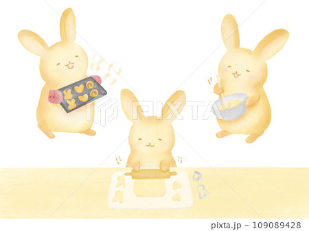 クッキーを作る3匹のウサギの水彩イラスト クッキーを作る3匹のウサギの水彩イラスト 109089428