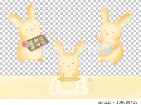 クッキーを作る3匹のウサギの水彩イラスト クッキーを作る3匹のウサギの水彩イラスト 109089428