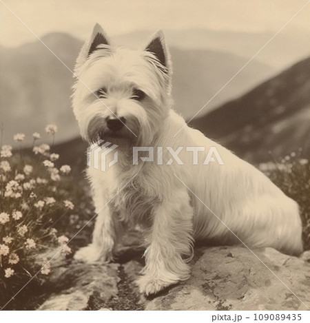 Westie, West Highland White Terrier, old vintage retro postcard style, close-up portrait, cute dog, favorite pet 109089435