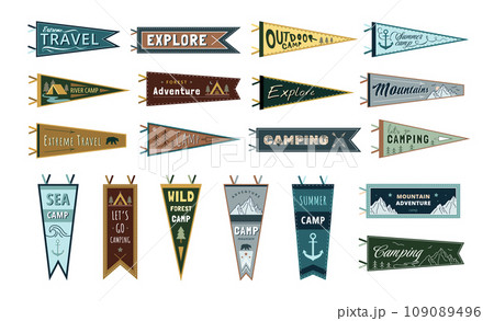 Adventure Pennants. Outdoor and camping enthusiast banner collection with wild forest camp, mountain and explore designs vector set Adventure Pennants. Outdoor and camping enthusiast banner collection with wild forest camp, mountain and explore designs vector set 109089496
