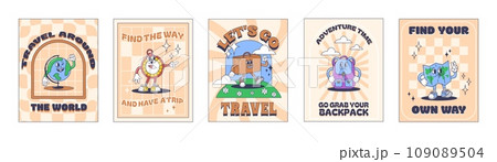 Cartoon travel posters. World Exploration and Adventure sticker with trip, go travel and find way quotes with globe, compass, suitcase, backpack and map mascots vector set 109089504