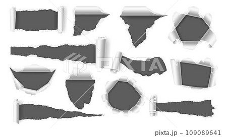 Torn paper with curled corner. Ragged page hole, ripped sheet of paper with rolled edge realistic 3D vector set 109089641