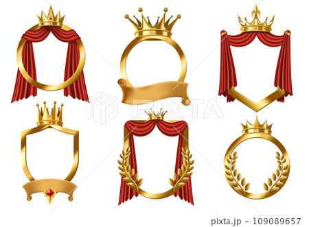 Golden crowned frame. Premium emblem mockup with gold laurel wreath, royal shield and king crown for avatar and certificate design. 3D vector illustration set 109089657