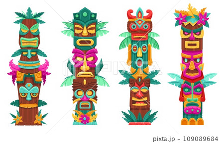 Mask totem poles. Traditional tribal sculptures, island tiki gods faces and wooden totemic statues vector set 109089684