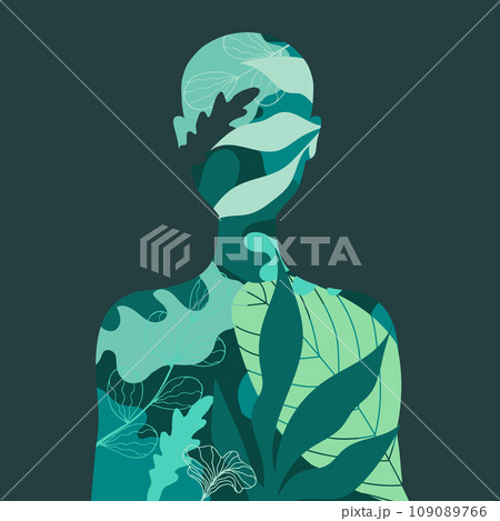 Human silhouette front view with rainforest plants inside it. Vector illustration 109089766