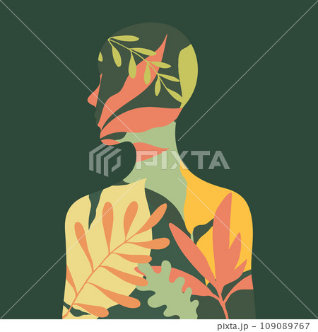 Human silhouette profile view with rainforest plants inside it. Vector illustration 109089767