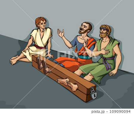 Paul and Silas in prison. Vector drawing 109090094