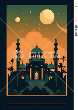 Colorful simple decoration illustration for Happy Ramadan or EID Mubarak draft and greetings card template. 109090249
