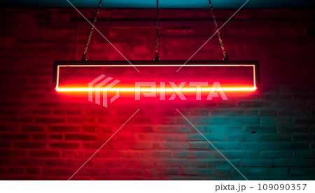 Hanging bright red rectangle neon light sign, background and backdrop and some negative space at the center. Hanging bright red rectangle neon light sign, background and backdrop and some negative space at the center. 109090357