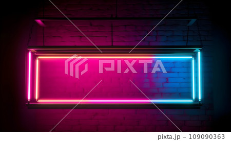 Hanging bright purple and blue rectangle neon light sign, background and backdrop and some negative space at the center. 109090363