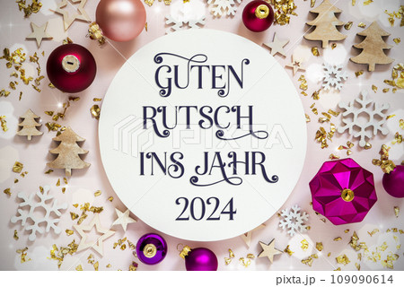 Text Guten Rutsch 2024, Means Happy 2024, Purple Flatlay Christmas Decor 109090614