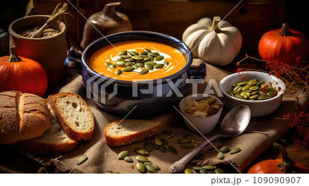 Pouring Warm Pumpkin Soup into a Ceramic Bowl with Steam Rising 109090907