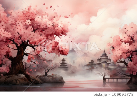 A soft and dreamy watercolor background incorporating elements like cherry blossoms, lanterns, and traditional patterns, suitable for a range of design applications. 109091778