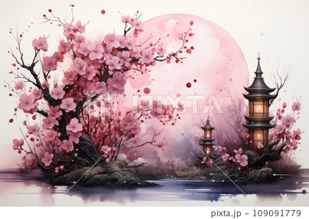 A soft and dreamy watercolor background incorporating elements like cherry blossoms, lanterns, and traditional patterns, suitable for a range of design applications. 109091779
