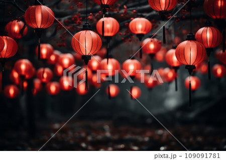 A Rows of red lanterns suspended in the air, creating a visually appealing and celebratory background reminiscent of traditional Chinese New Year decorations. 109091781