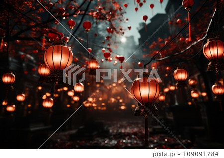 A Rows of red lanterns suspended in the air, creating a visually appealing and celebratory background reminiscent of traditional Chinese New Year decorations. 109091784