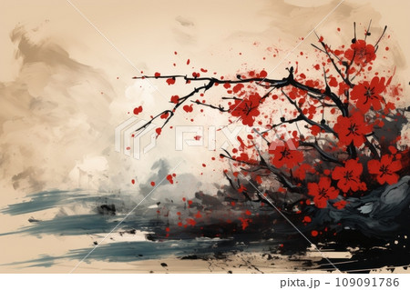 An abstract background featuring elegant Chinese calligraphy brush strokes with New Year greetings, adding a sophisticated and artistic touch to designs. 109091786
