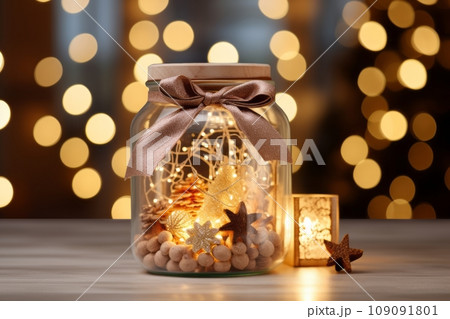 Christmas decoration with a light in a jar on wooden table. 109091801