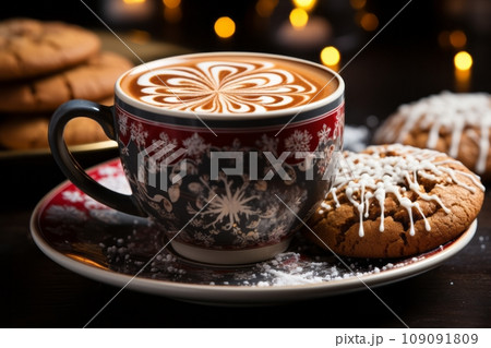 Christmas coffee cup and gingerbread cookies. Festive cozy image. 109091809