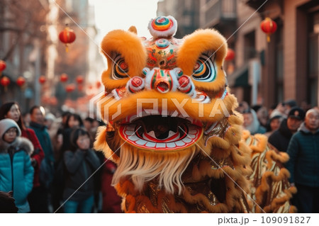 Chinese New Year parade with dragon and lion dancers, traditional performers, and joyful spectators lining the streets. 109091827