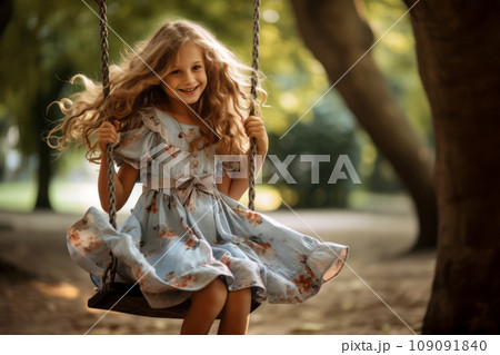 A happy little girl sitting on the swing 109091840