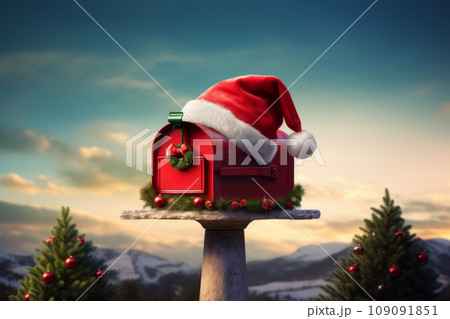 A mailbox with a Santa hat perched on top, symbolizing the holiday season and the anticipation of receiving packages and greetings. A mailbox with a Santa hat perched on top, symbolizing the holiday season and the anticipation of receiving packages and greetings. 109091851