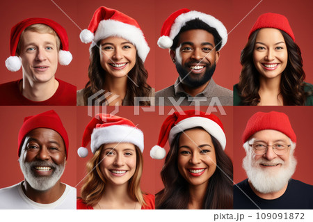 Portrait collection of diverse group of people different gender, age and ethnicity with Santa Hat. 109091872
