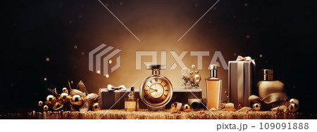 A classy banner showcasing luxury products like watches, perfumes, and jewelry on a velvet backdrop. The products are illuminated by a soft, sophisticated light. 109091888