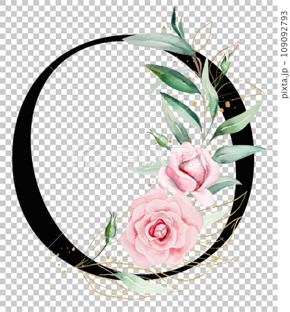 Black letter O with pink watercolor flowers and green and golden leaves, isolated illustration Black letter O with pink watercolor flowers and green and golden leaves, isolated illustration 109092793