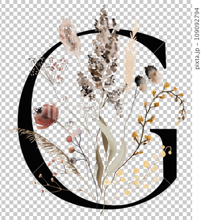 Black capital letter G with brown autumn watercolor wildflowers and leaves, isolated illustration Black capital letter G with brown autumn watercolor wildflowers and leaves, isolated illustration 109092794