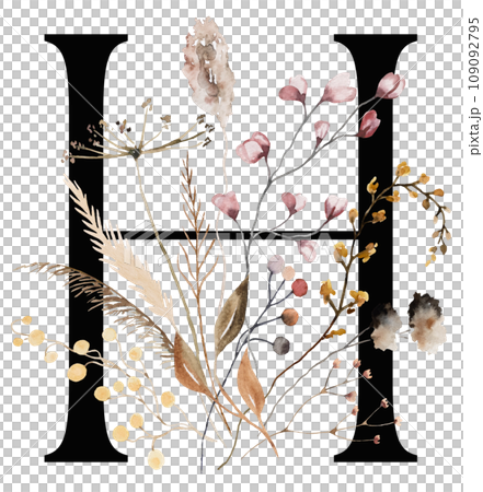 Black capital letter H with brown autumn watercolor wildflowers and leaves, isolated illustration Black capital letter H with brown autumn watercolor wildflowers and leaves, isolated illustration 109092795