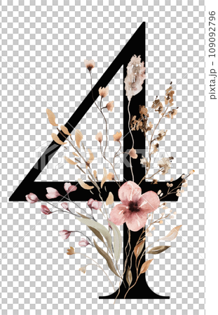 Black number 4 with brown autumn watercolor wildflowers and leaves, isolated illustration Black number 4 with brown autumn watercolor wildflowers and leaves, isolated illustration 109092796