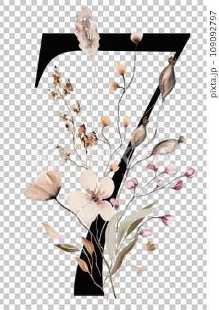 Black number 7 with brown autumn watercolor wildflowers and leaves, isolated illustration Black number 7 with brown autumn watercolor wildflowers and leaves, isolated illustration 109092797