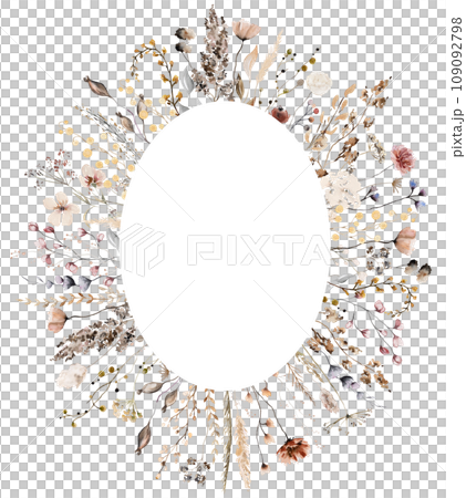 Oval frame with watercolor autumn brown wild flowers and leaves, wedding illustration Oval frame with watercolor autumn brown wild flowers and leaves, wedding illustration 109092798