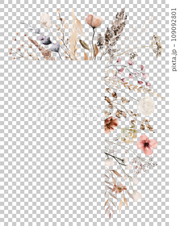 Border with watercolor border with autumn brown wild flowers and leaves, wedding illustration Border with watercolor border with autumn brown wild flowers and leaves, wedding illustration 109092801