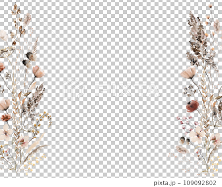 Border with watercolor with autumn brown wild flowers and leaves, wedding illustration 109092802