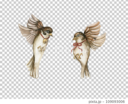 Watercolor bird sparrows. Hand drawn watercolor elements. Perfect for wedding invitation, greetings card, posters, party decoration. Watercolor bird sparrows. Hand drawn watercolor elements. Perfect for wedding invitation, greetings card, posters, party decoration. 109093006