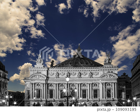 Opera Garnier (Garnier Palace) against the background of a beautiful sky at sunset, Paris, France. Translation Opera Garnier (Garnier Palace) against the background of a beautiful sky at sunset, Paris, France. Translation 109093195