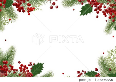 Festive Christmas template or greeting card. Frame with pine branches, greenery and red berries isolated on white background. Generative AI 109093356