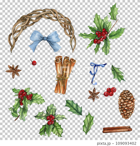 Set of elements for Christmas. Plants, fir branch, ribbons . Watercolor hand drawn illustration for scrapbooking, your design,wedding invitation, poster, party decoration. Set of elements for Christmas. Plants, fir branch, ribbons . Watercolor hand drawn illustration for scrapbooking, your design,wedding invitation, poster, party decoration. 109093402