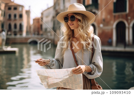 Young blonde tourist with a hat and a map on the streets of Venice, Italy. Guide, tourism in Europe 109093410
