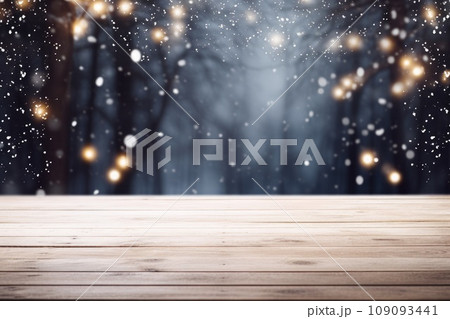 Winter background. Snowy empty table with Christmas lights Winter background. Snowy empty table with Christmas lights 109093441
