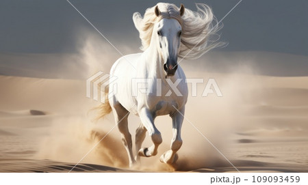 White arabian horse runs gallop in dust desert White arabian horse runs gallop in dust desert 109093459