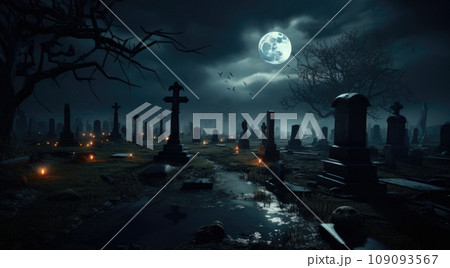 Full Moon over a dark mysterious cemetery. Crosses and graves at night in the moonlight 109093567