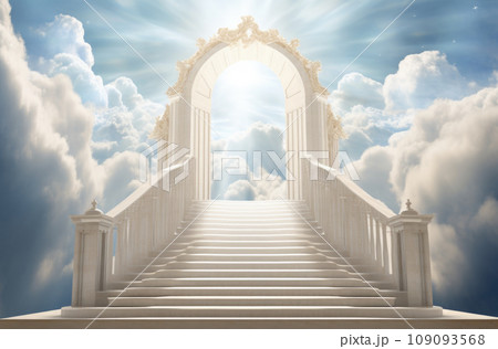 Stairway to Heaven. Stairs in sky. Concept with sun and white clouds. Concept Religion background Stairway to Heaven. Stairs in sky. Concept with sun and white clouds. Concept Religion background 109093568
