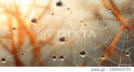 Cobweb or spiderweb natural rain pattern background close-up. Cobweb with drops of rain pattern in blue light. Cobweb net texture with morning rain bokeh. 109093570