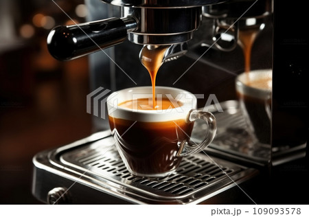 Close-up of espresso pouring from coffee machine. Professional coffee brewing Close-up of espresso pouring from coffee machine. Professional coffee brewing 109093578