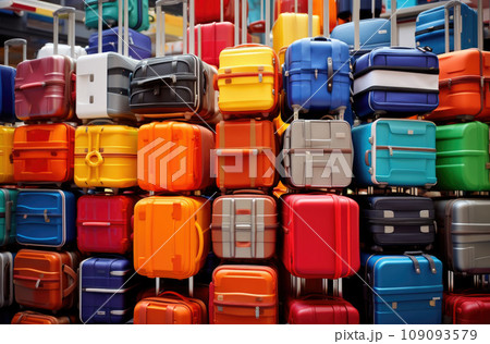 Multicolor packed suitcases on airport background. Travel concept Multicolor packed suitcases on airport background. Travel concept 109093579