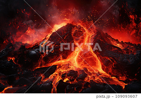 Lava Flows on active volcano. Hot lava and magma coming out of the crater Lava Flows on active volcano. Hot lava and magma coming out of the crater 109093607
